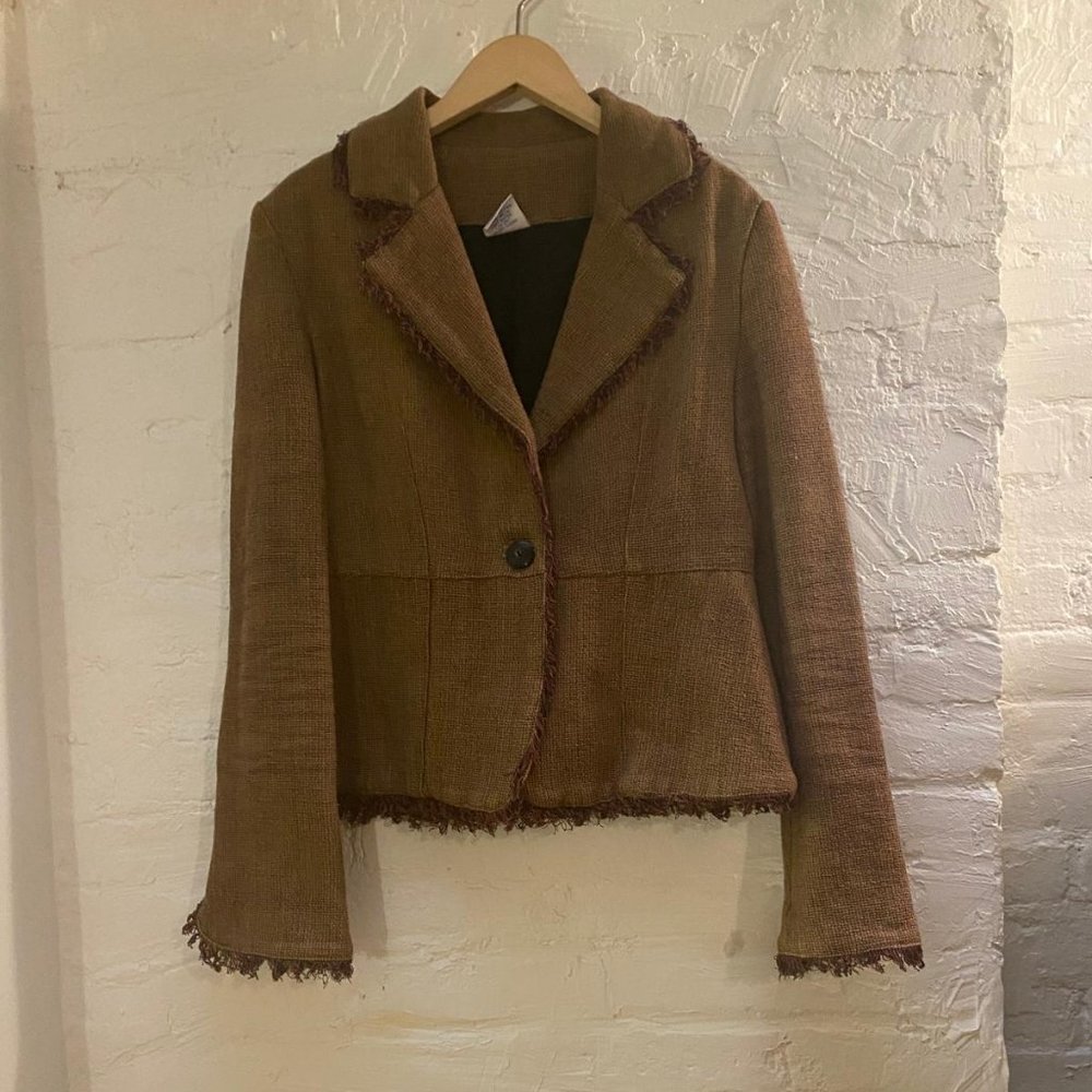Tailored Fringe Trim Cotton Blend Tan Tweed Jacket